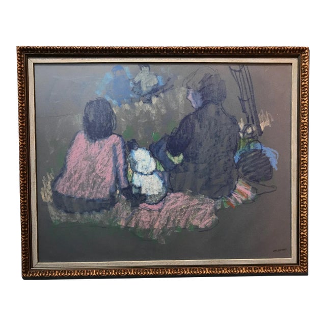 "Family Picnic" Pastel Drawing on Toned Paper, Estate Stamped "Atelier Bert" (Pascal Bert) For Sale