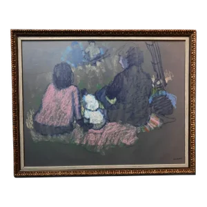"Family Picnic" Pastel Drawing on Toned Paper, Estate Stamped "Atelier Bert" (Pascal Bert)