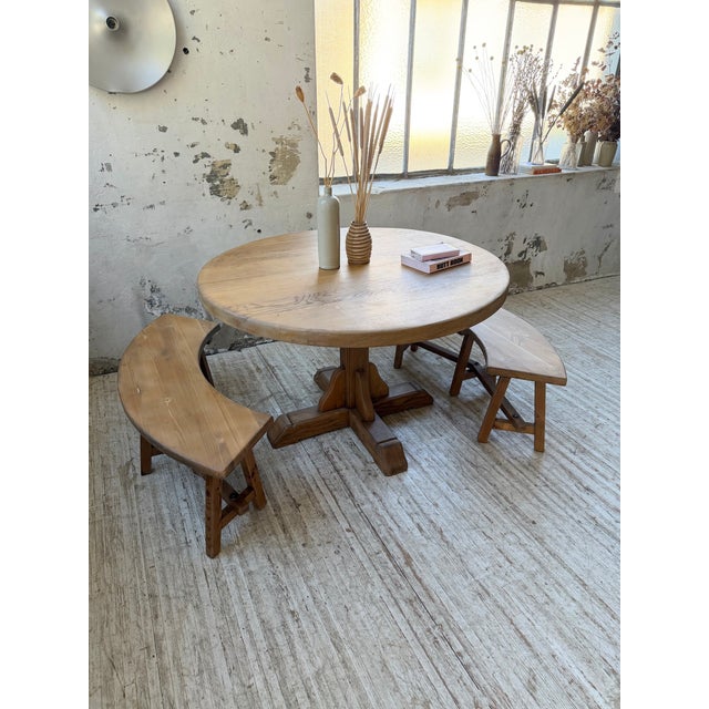 Vintage Round Oak Table and Benches, 1950s, Set of 3 For Sale - Image 6 of 18