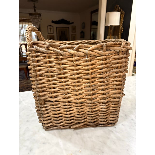 Greige Vintage Kubu Rattan, Rare One Handled, Almost Square Gathering Basket for Cottage Core & Farmhouse Decor - See Pictures! For Sale - Image 8 of 9