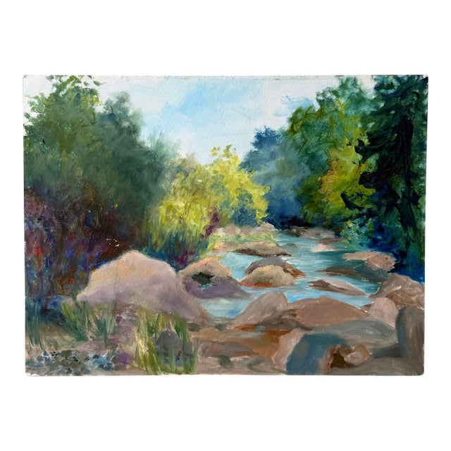 Oil Pastel River Landscape Painting For Sale