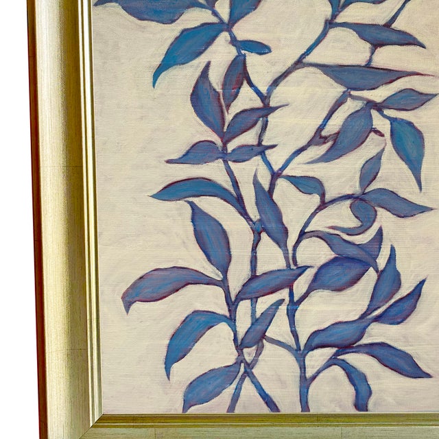 Original Framed Botanical Leaf Painting, Periwinkle Blue Wall Art, Oil on Canvas in Gold Frame, 15x19 Minimalist Boho Home Decor For Sale - Image 4 of 5