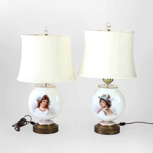 Antique French Josef Ahne Opaline Glass Portrait Pillow Table Lamps - a Pair For Sale - Image 4 of 12