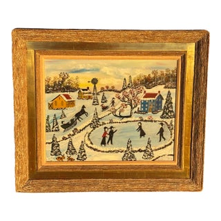 A Romantic Day at the Pond - Early 20th C. Original Oil on Canvas Winter Skating Scene For Sale