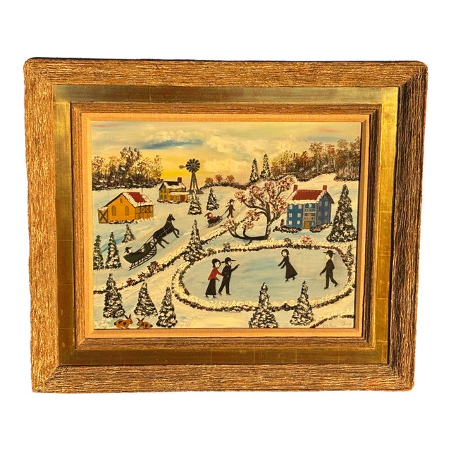 A Romantic Day at the Pond - Early 20th C. Original Oil on Canvas Winter Skating Scene For Sale