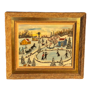 A Romantic Day at the Pond - Early 20th C. Original Oil on Canvas Winter Skating Scene