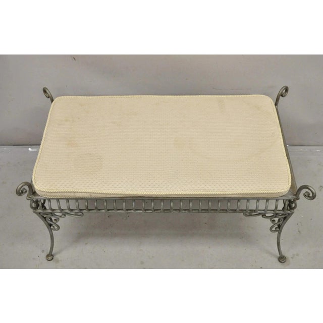 Metal Late 20th Century Decorator Wrought Iron Scrolling French Country Style Gray Lattice Bench For Sale - Image 7 of 12