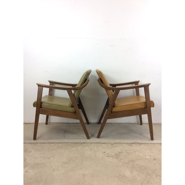 Mid-Century Modern Pair of Mid Century Modern Green & Gold Vinyl Lounge Chairs With Walnut Frames For Sale - Image 3 of 12