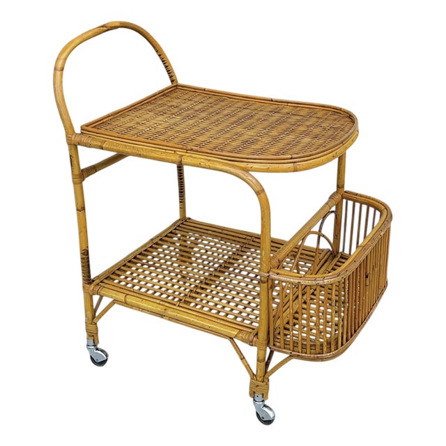 Mid-Century Modern Bamboo and Rattan Bar Serving Cart by Franco Albini, 1960s For Sale