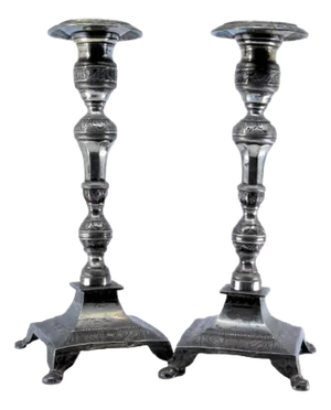 Silver Candlesticks with Turned and Embossed Shafts, Set of 2
