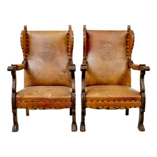 19th Century Oak and Embossed Leather Armchairs, Set of 2 For Sale