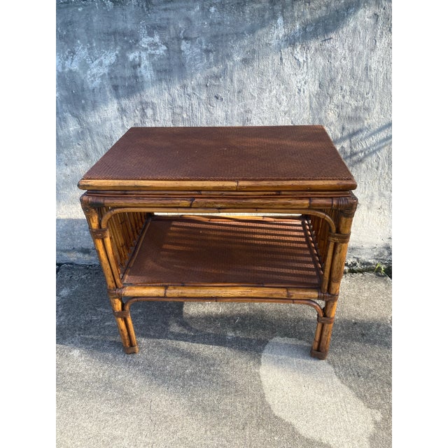 Bamboo Table . Mid Century Modern Bamboo Table. Bamboo and Rattan Table With Woven Top Detail and Shelf For Sale - Image 9 of 12