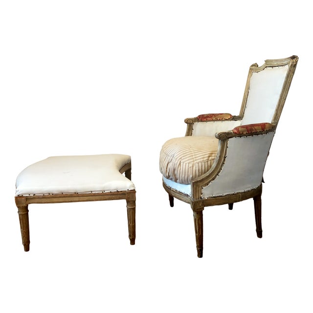 Set of Antique Louis XVI Lounge Chair and Ottoman, 1700s For Sale