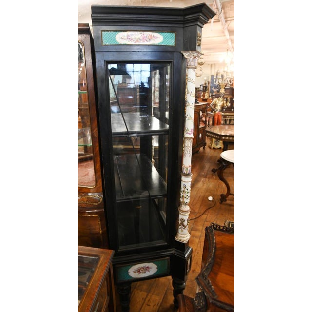 Victorian Ebonized Display Cabinet Painted Porcelain, 1840 For Sale - Image 6 of 7