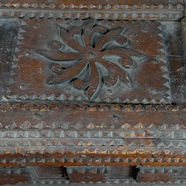 Wood Monumental Antique Tramp Art Chip-Carved Chest With Medallion/Folk Art For Sale - Image 7 of 11