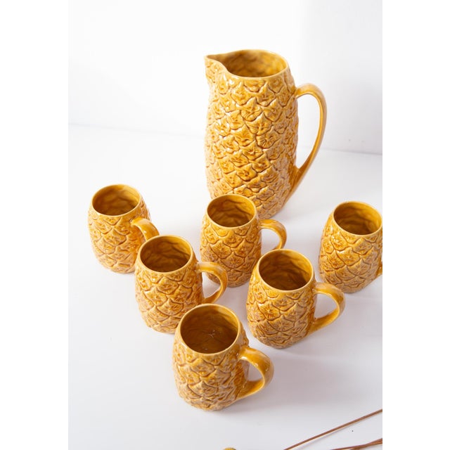 Vintage Pineapple Portuguese Earthenware Cups and Jug by Kerangol, 1960s, Set of 7 For Sale - Image 3 of 6