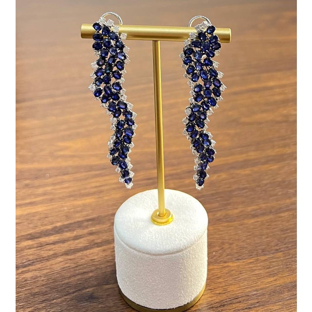 Blue Blue Sapphire Cascade Wave Diamonds 18k White Gold Statement Fancy Earrings, A Pair For Sale - Image 8 of 12