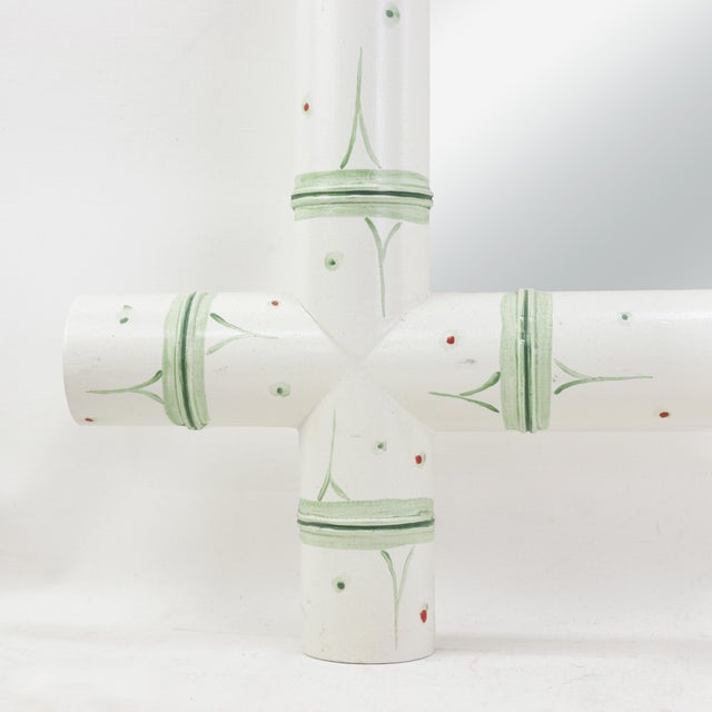 Early 21st Century Vintage French Faux Bamboo Wall Mirror Hand-Painted Light Green and White Wooden Frame For Sale - Image 5 of 9