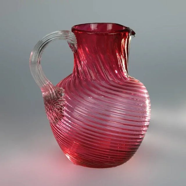 Art Deco Cranberry Swirl Glass Water Pitcher With Applied Glass Handle 20thC For Sale - Image 3 of 10