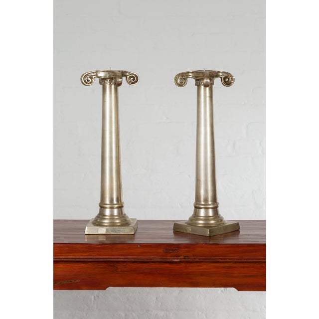 Brushed Silver over Bronze Column Candlesticks with Large Ionic Capitals - A Pair For Sale - Image 9 of 10