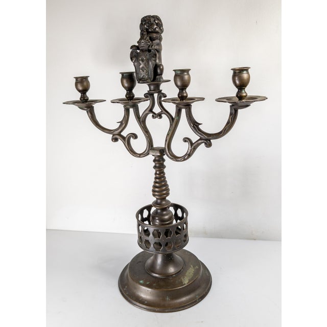 We are selling this nice European Dutch bronze candelabra. This candelabra has four lights with central lion holding a...