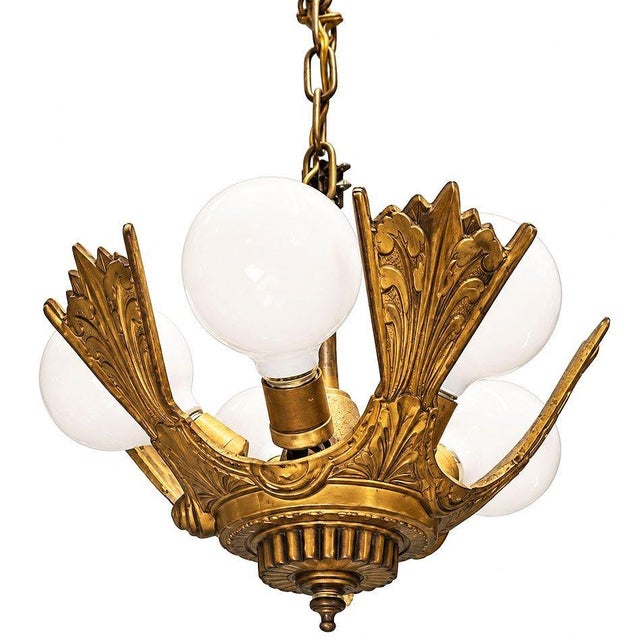 Art Deco 1920 Gemetric Art Deco Brass Five Light Circular Chandelier by Markel For Sale - Image 3 of 5