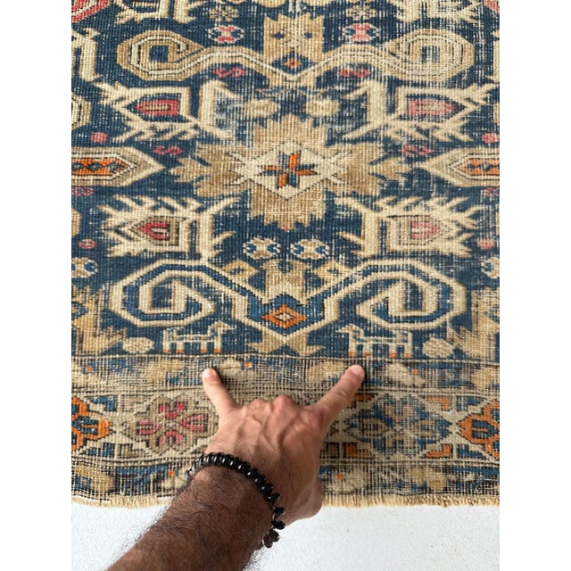 Persian Early 20th Century Distressed Caucasian Perpedil Navy Rug 3.8 x 4.8 For Sale - Image 3 of 11