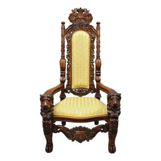 Late 20th Century Renaissance Gothic Style Large Figural Lion Carved Wood Paw Feet Throne Chair For Sale