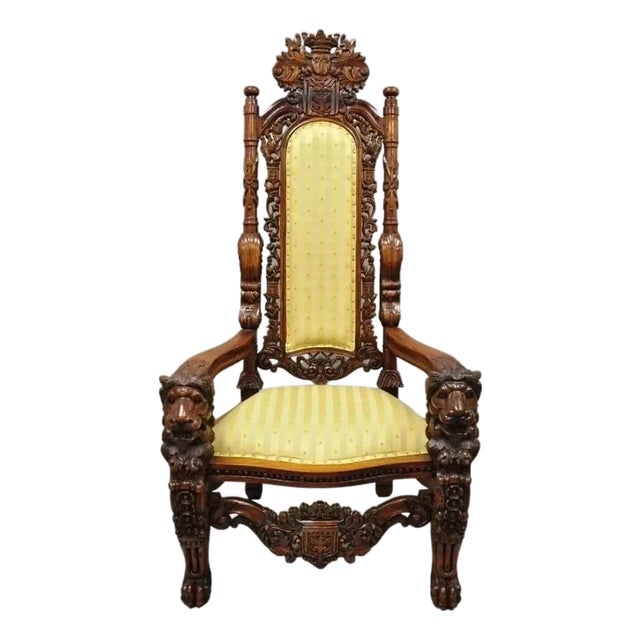 Late 20th Century Renaissance Gothic Style Large Figural Lion Carved Wood Paw Feet Throne Chair For Sale
