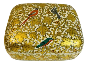 Vintage Handmade Paper Mache Gold & White Leaf & Bird Motif Trinket Box