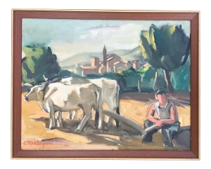 1930's Italian "Oxen in Countryside" Plein Air Oil Painting by Armando Marchergiani, Framed