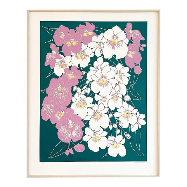 "Orchids Cascade" 2023, 22" X 28" Framed Original Art Print, Forest Green and Mauve For Sale
