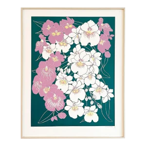 "Orchids Cascade" 2023, 22" X 28" Framed Original Art Print, Forest Green and Mauve