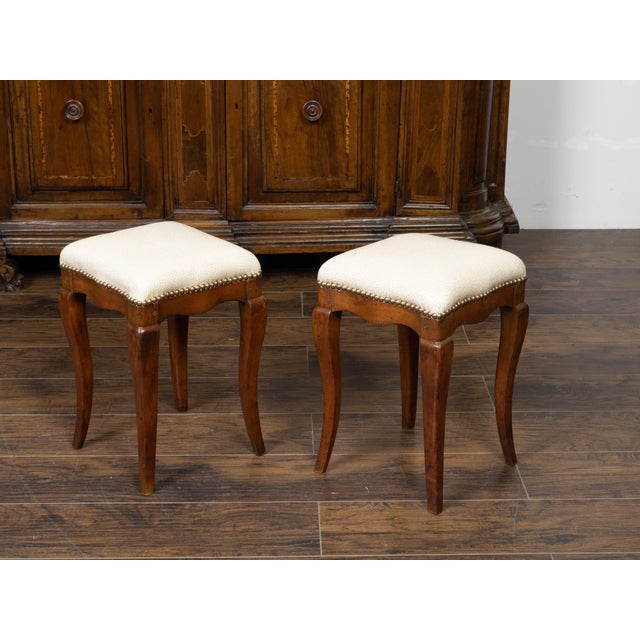 19th Century Pair of 19th Century Italian Walnut Stools with Cabriole Legs and New Upholstery For Sale - Image 5 of 7