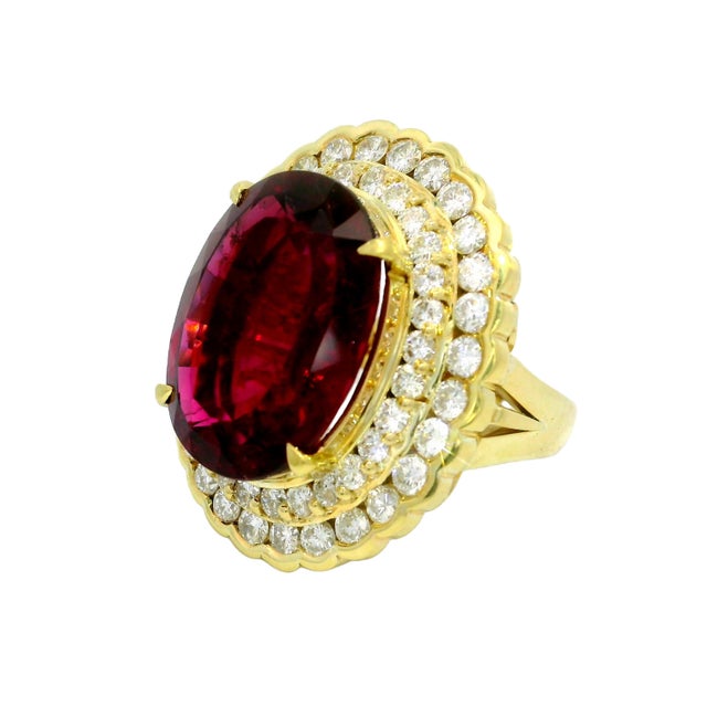 15.74 Rubellite Tourmaline Diamond Double Halo 18k Yellow Gold Cocktail Ring, Size 6.25 For Sale - Image 4 of 4