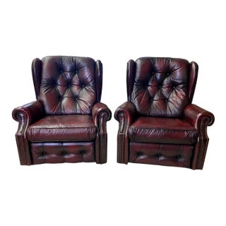 Mid-Century Oxblood Leather Chesterfield Club Chairs England A-Pair For Sale