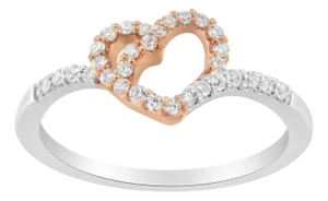 10K Rose Gold over .925 Sterling Silver 1/5 Cttw Diamond Two Tone Open Heart Promise or Fashion Ring (I-J Color, I2-I3 Clarity) - Size 7-1/2
