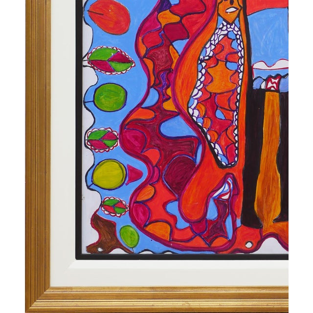 Red Richard Antilhomme Red & Blue Abstract Figurative Painting with Four Figures and Botanical Elements, Late 20th Century For Sale - Image 8 of 12
