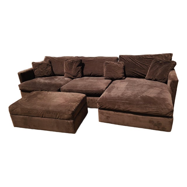 Chocolate Colored Sectional Sofa With Storage Ottoman Attributed to Crate and Barrel For Sale