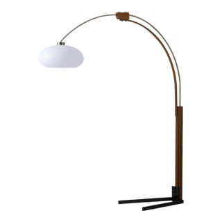 Nova of California Morelli 84" Arc Lamp, Weathered Brass & Walnut For Sale