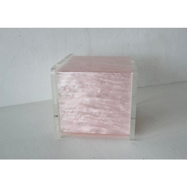 Vintage Mid-Century Acrylic Lucite Pink Mother of Pearl/Marble Effect Rectangular Wastebasket For Sale - Image 11 of 13