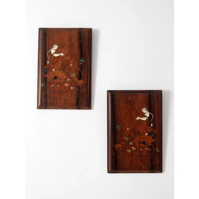 Vintage Floral Goddess Etched Wood Plaque Wall Hangings Pair For Sale - Image 4 of 8