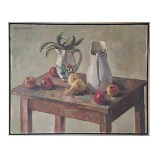 Vintage Moody Still-Life Oil Painting Apples & Pears on a Farmhouse Table- For Sale