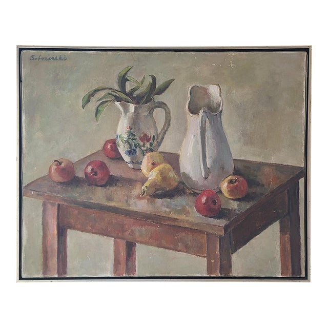 Vintage Moody Still-Life Oil Painting Apples & Pears on a Farmhouse Table- For Sale