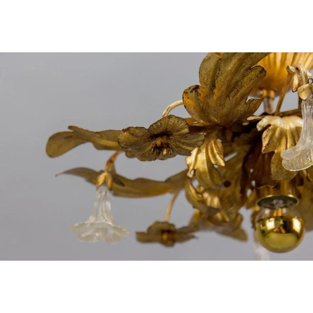 Italian Hollywood Regency Gilt Metal and Glass Flower Ceiling Light, 1970s For Sale - Image 15 of 18