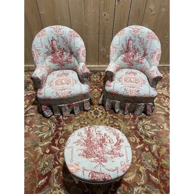 Set of Napoleon III toile De Jouy Armchairs and Ottoman, Set of 3 For Sale - Image 3 of 8