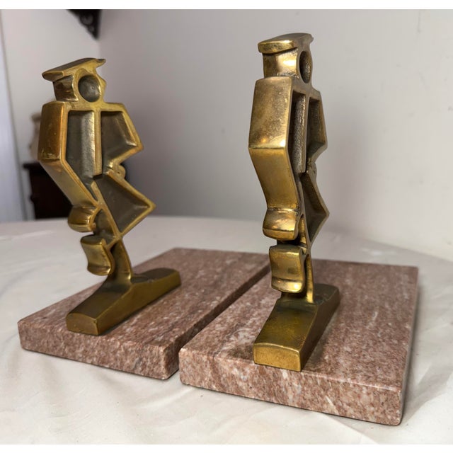 Vintage Heavy Pair Modernist Mid Century Modern Bronze Marble Figural Bookends For Sale - Image 11 of 12