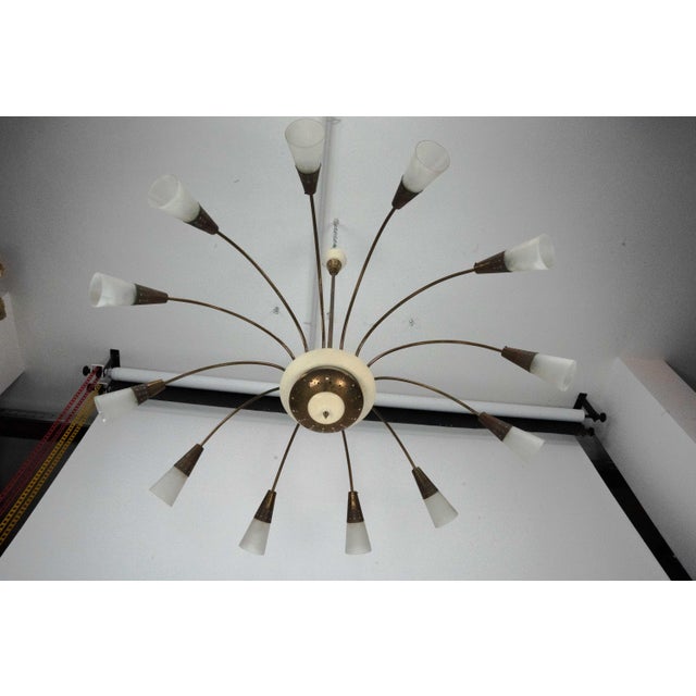 Cream Large Mid-Century Italian Sputnik Brass Chandelier with Satin Glass, 1950s For Sale - Image 8 of 17