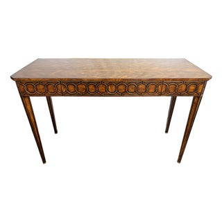 Theodore Alexander Mahogany Console Table With Center Drawer and Circular Pattern Apron For Sale