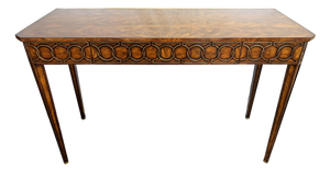 Theodore Alexander Mahogany Console Table With Center Drawer and Circular Pattern Apron
